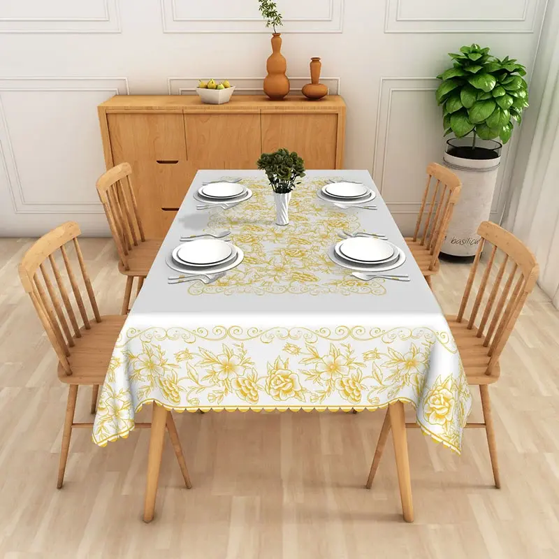 Aperturee White Gold Floral Rectangle Tablecloth, Elegant Damask Flower Dining Table Cover