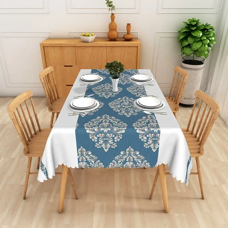 Aperturee Blue Damask Floral Rectangle Tablecloth, Vintage Elegant Dining Table Cover for Studio