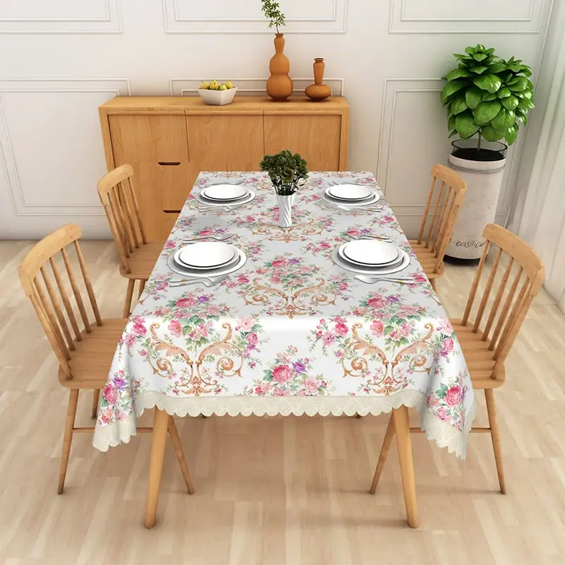 Aperturee Vintage Pink Rose Floral Rectangle Tablecloth, Gold Scroll Dining Table Cover for Prop