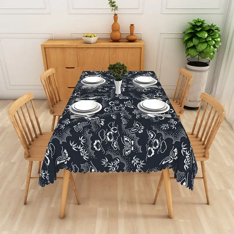 Aperturee Navy Blue Butterfly Floral Rectangle Tablecloth, Traditional Pattern Dining Table Cover for Prop