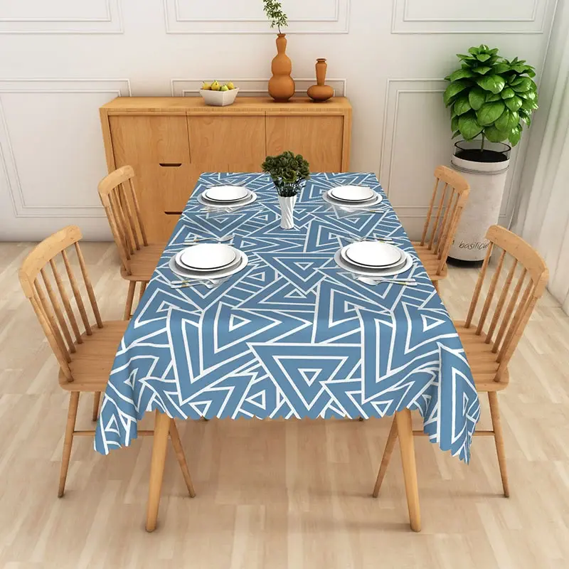 Aperturee Blue White Geometric Triangle Rectangle Tablecloth, Modern Abstract Dining Table Cover for Studio