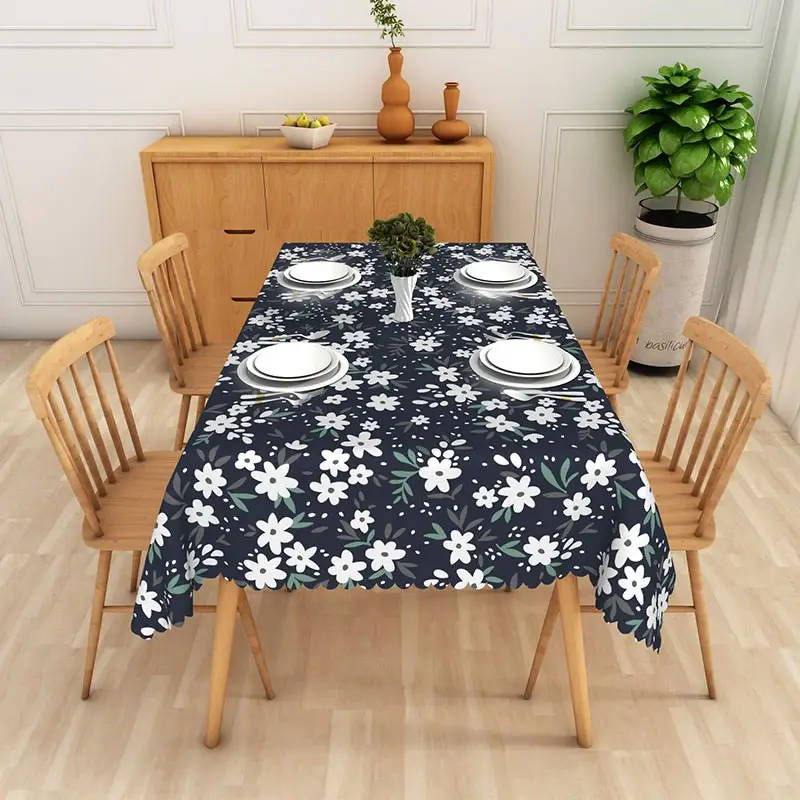 Aperturee Dark Blue Daisy Floral Rectangle Tablecloth, White Flower Botanical Dining Table Cover for Prop