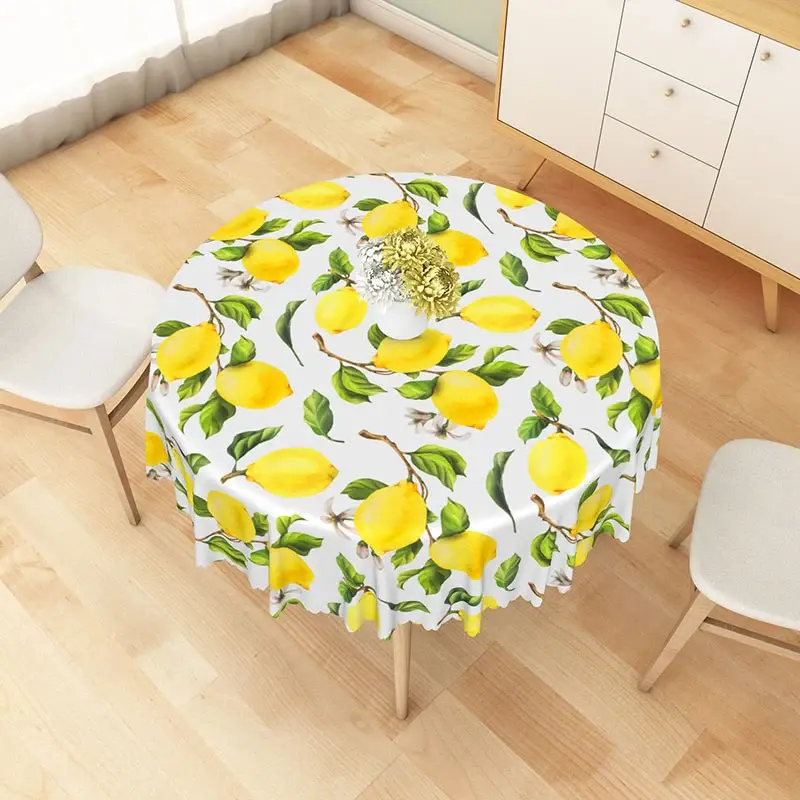 Aperturee Yellow Lemon Round Tablecloth, Fresh Fruit and Green Leaves Summer Kitchen Dining Decor Studio