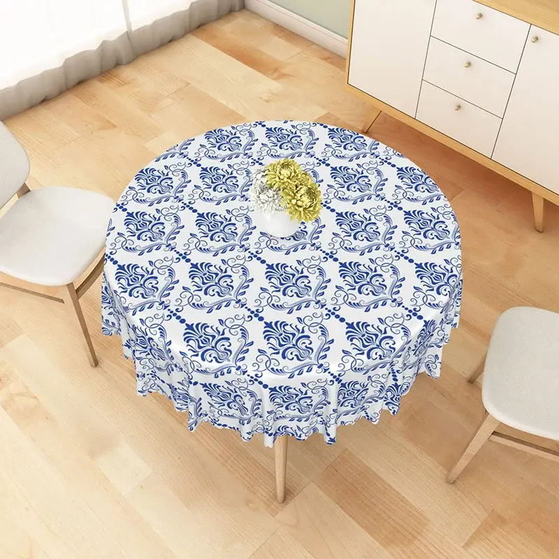 Aperturee Classic Blue Damask Floral Round Tablecloth, Elegant Vintage Pattern for Wedding and Dining Room, Studio Staging Fabric