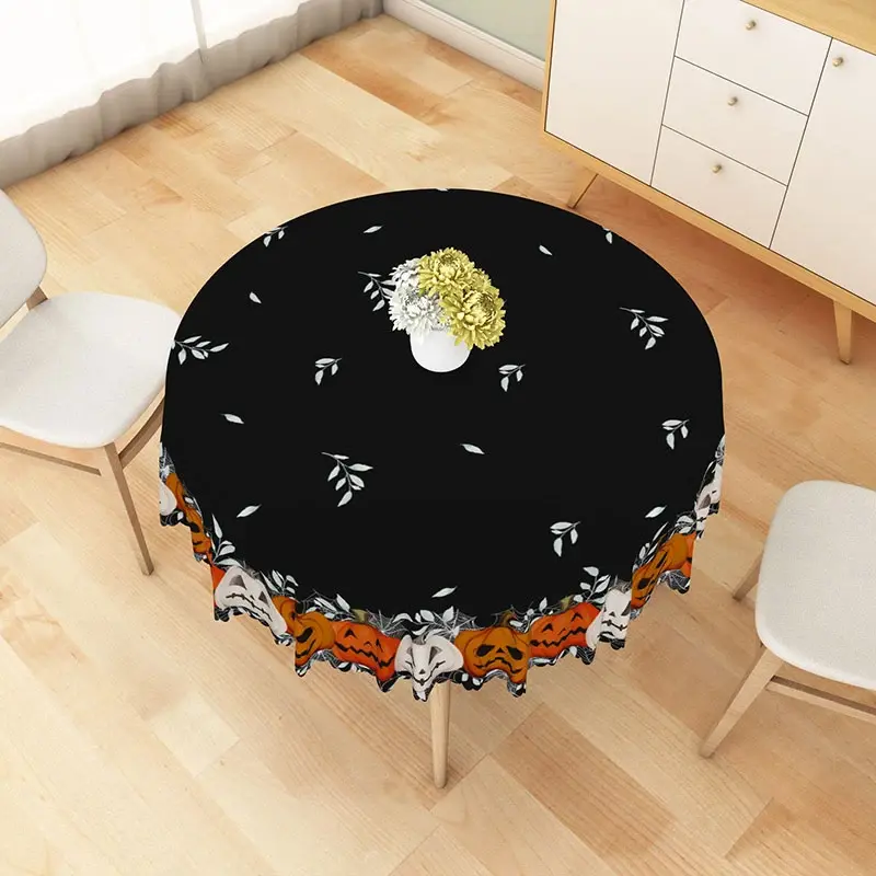 Aperturee Black Halloween Round Tablecloth with Jack O' Lantern Pattern, for Spooky Holiday Party Decorations, Diameter 48inch