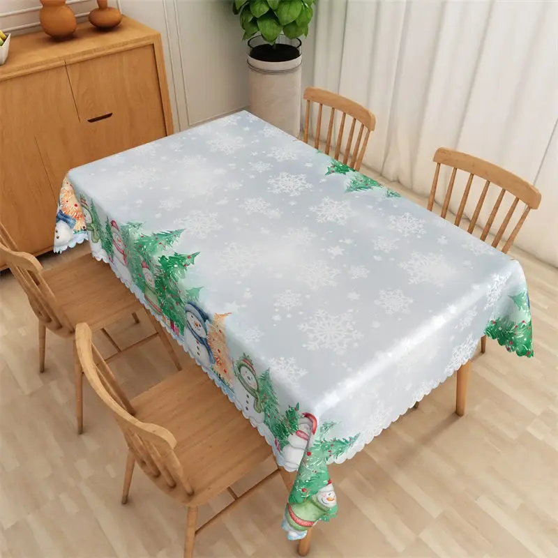 Aperturee Christmas Snowman Rectangle Tablecloth, Light Blue Snowflake, Winter Holiday Table Cover Decor