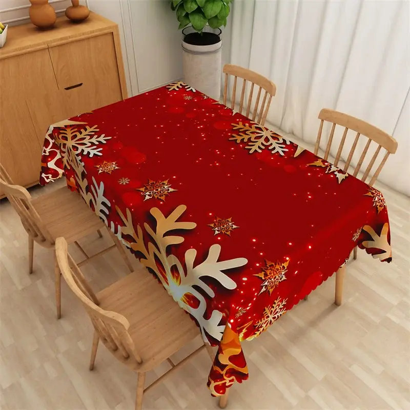 Aperturee Christmas Snowflake Rectangle Tablecloth, Red with Gold and White Snowflakes, Sparkling Holiday Table Cover