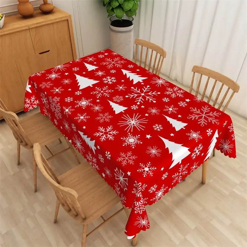 Aperturee Christmas Tree Rectangle Tablecloth, Red with White Trees, Snowflake Winter Holiday Table Cover Decor