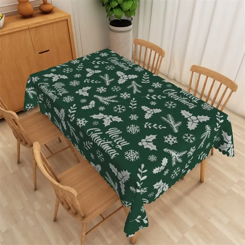 Aperturee Merry Christmas Rectangle Tablecloth, Green with White Holly, Snowflake Winter Holiday Table Cover Decor