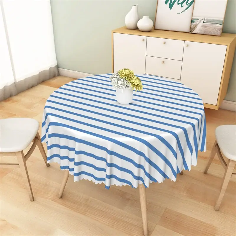Aperturee Blue and White Striped Round Tablecloth, Geometric Pattern Studio Prop