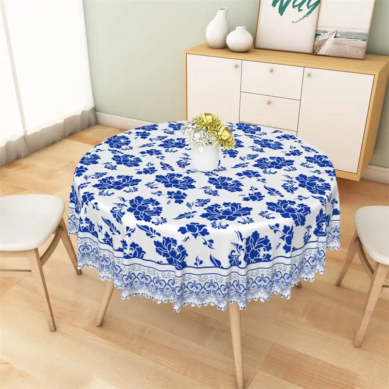 Aperturee Blue and White Porcelain Floral Round Tablecloth, Traditional Floral Pattern Prop