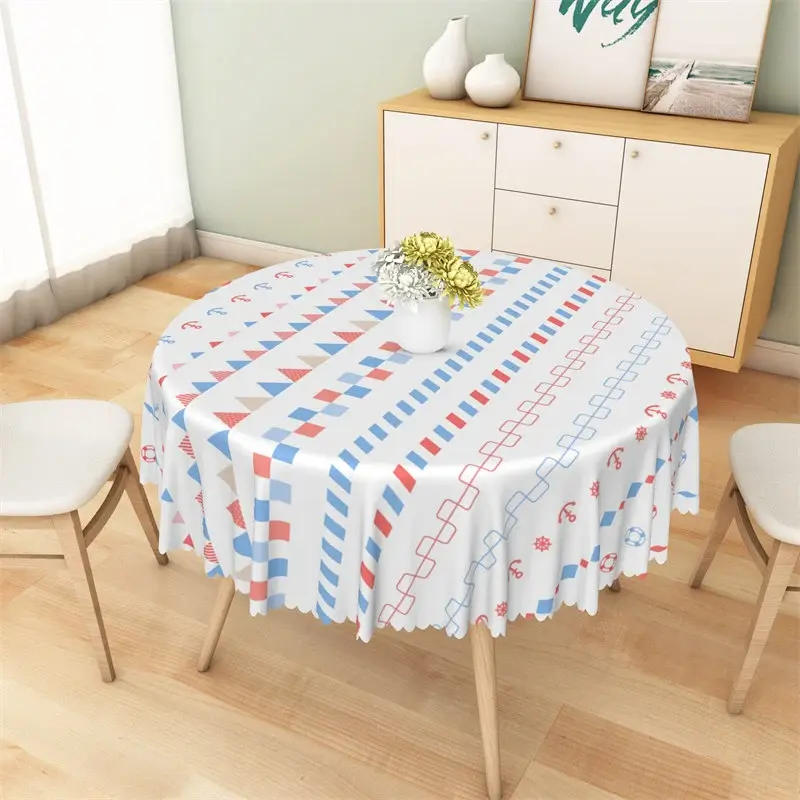 Aperturee Nautical Anchor Stripe Round Tablecloth, Marine Theme Pattern Prop