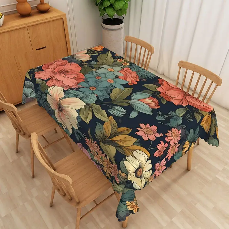 Aperturee Dark Navy Botanical Rectangle Tablecloth, Large Orange Teal Peony Flower Table Cover, Floral Studio Backdrop