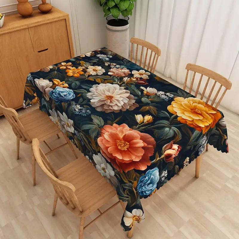 Aperturee Vintage Oil Painting Floral Rectangle Tablecloth, Dark Moody Flower Table Cover, Fine Art Photo Prop
