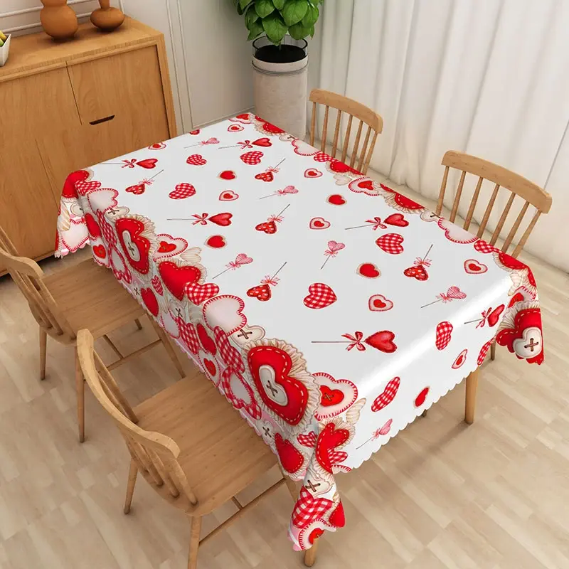 Aperturee Valentine Day Heart Lollipop Rectangle Tablecloth, Sweet Red Gingham Candy Table Cover, Candy Theme Prop