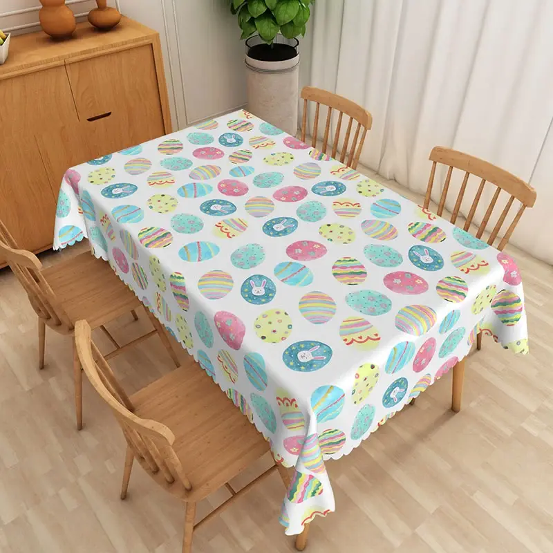 Aperturee Blue Pink Patterned Egg Rectangle Tablecloth, Colorful Stripe Dot Easter Table Cover, Seasonal Photo Backdrop