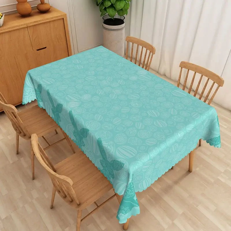 Aperturee Teal Easter Egg Line Art Rectangle Tablecloth, Blue White Modern Pattern Table Cover, Geometric Photo Prop