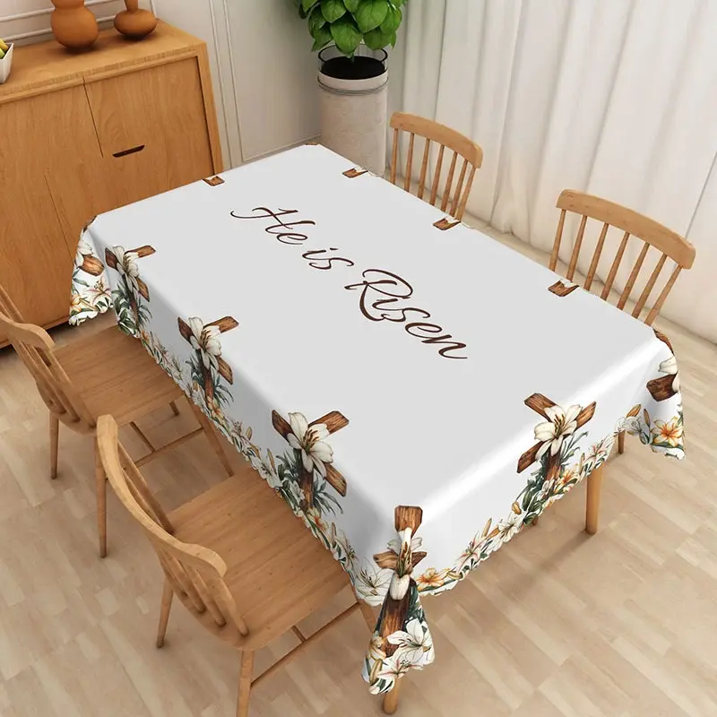 Aperturee He Is Risen Wooden Cross Rectangle Tablecloth, White Lily Religious Table Cover, Easter Studio Prop
