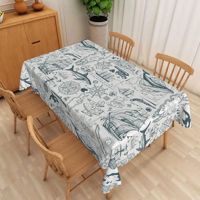 Aperturee Blue Marine Sketch Rectangle Tablecloth, Ocean Anchor Steering Wheel Table Cover, Coastal Studio Prop