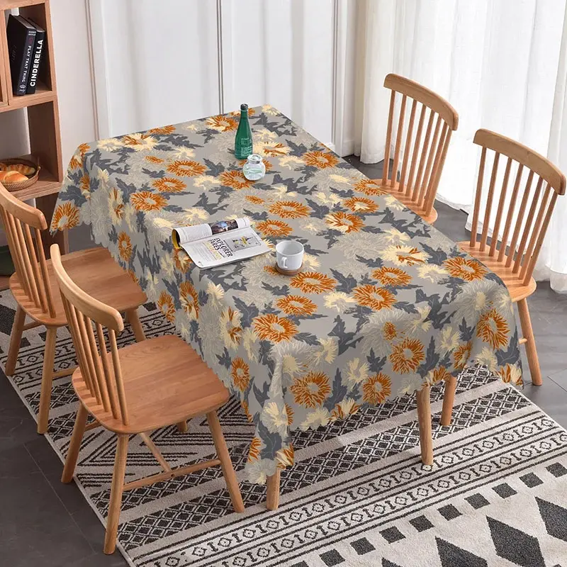 Aperturee Modern Floral Rectangle Tablecloth, Grey with Orange Chrysanthemums, Contemporary Botanical Dining Decor, 52x70in (WxH)