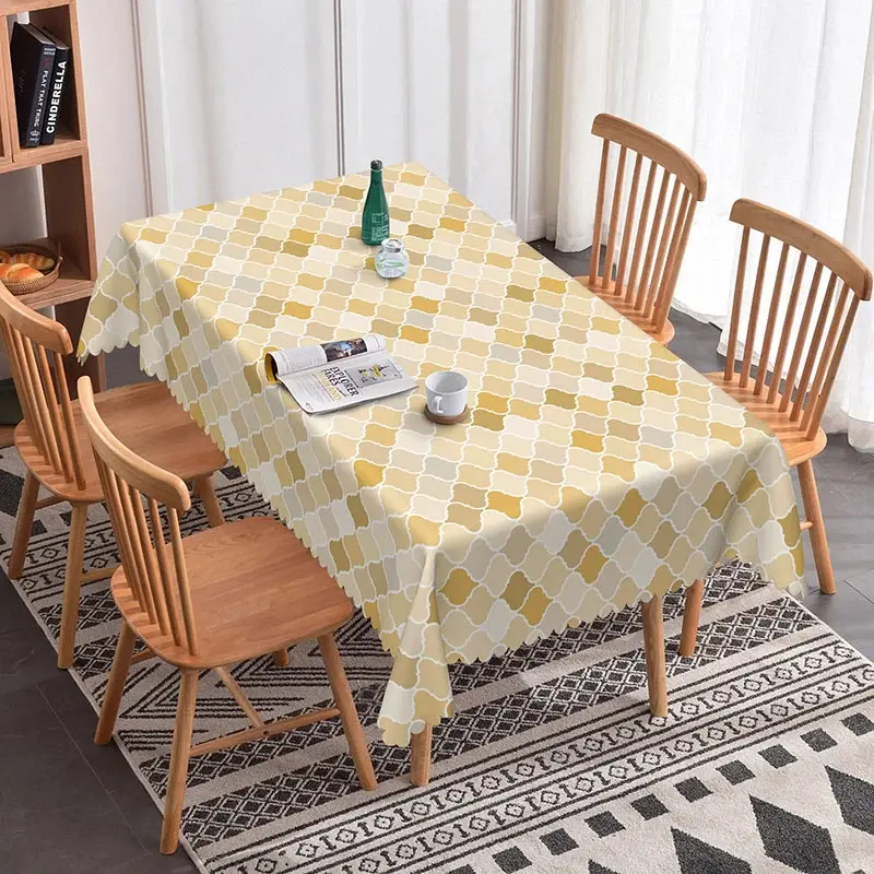Aperturee Modern Yellow Geometric Rectangle Tablecloth, Neutral Moroccan Tile Pattern, Contemporary Kitchen Decor, 52x70in (WxH)