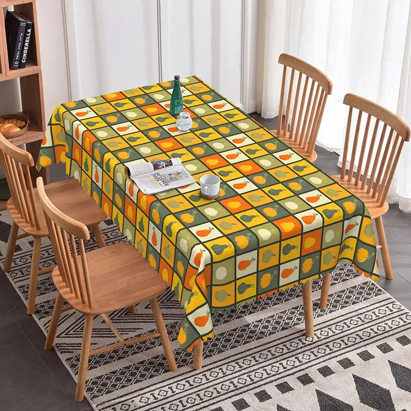 Aperturee Autumn Pumpkin Checkered Rectangle Tablecloth, Fall Harvest Orange Yellow Plaid, Thanksgiving Holiday Kitchen Decor, Seasonal Photo Backdrop
