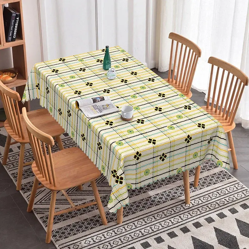 Aperturee Yellow Plaid Floral Rectangle Tablecloth Green Checkered Flower Pattern Dining Cover Decoration