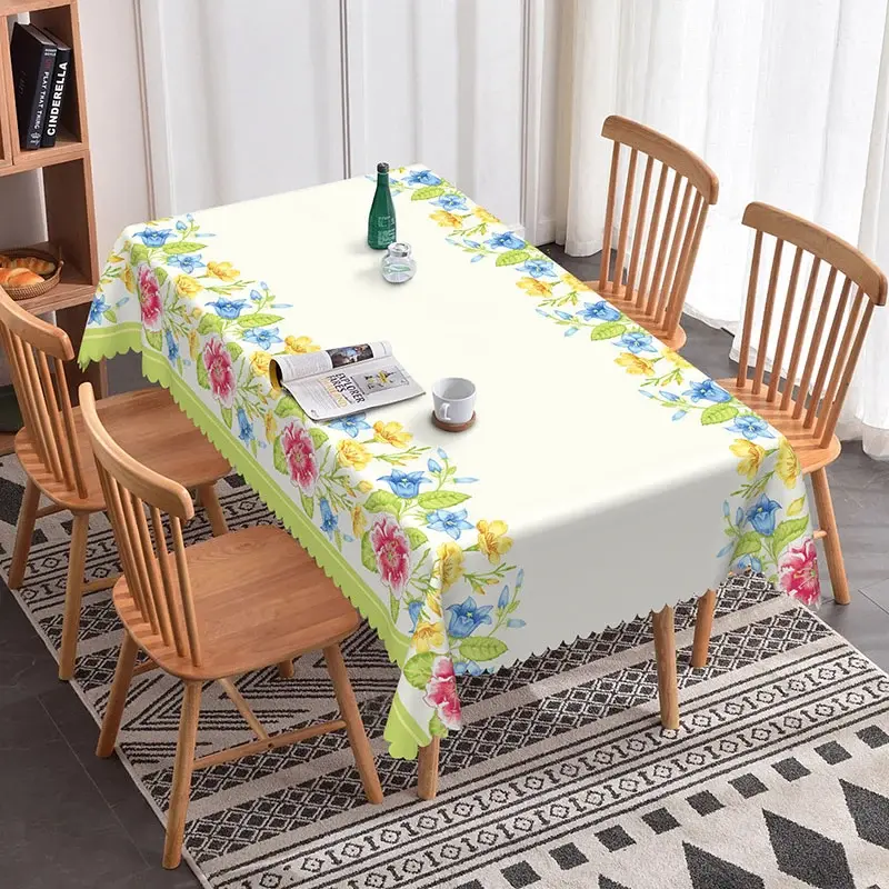 Aperturee Spring Floral Border Rectangle Tablecloth Garden Party Prop