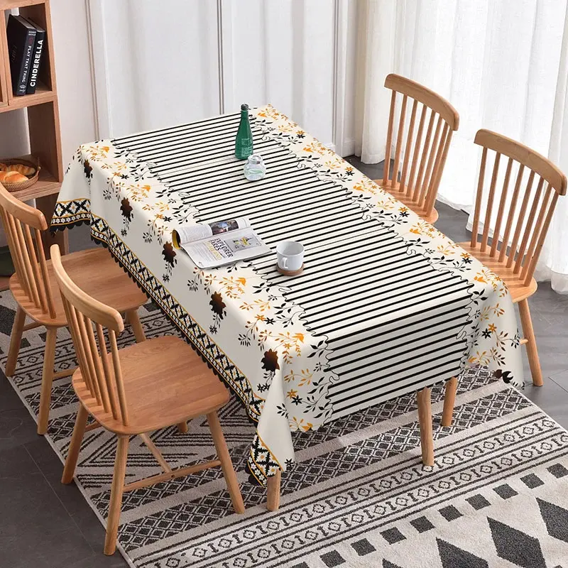 Aperturee Black Striped Orange Floral Border Rectangle Tablecloth Stripe Prop