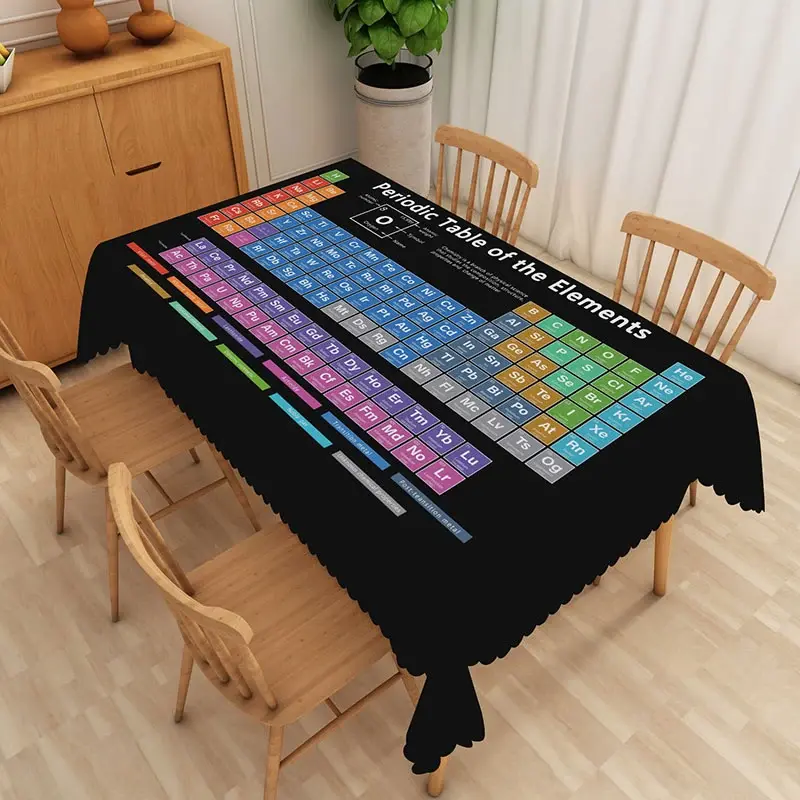 Aperturee Periodic Table of Elements Tablecloth on Black, for Science Themed Party, Classroom, or Chemistry Student, 52x70in (WxH)