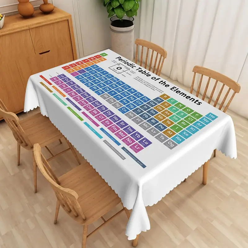 Aperturee Periodic Table of Elements Tablecloth on White, for Science Classroom Decor or Chemistry Themed Party, 52x70in (WxH)