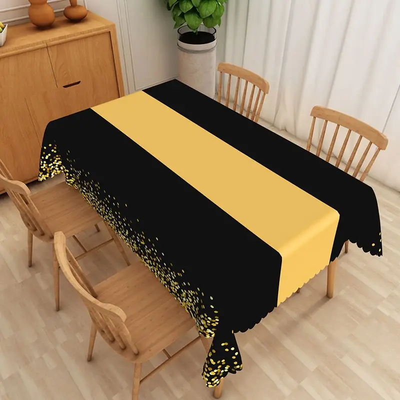 Aperturee Modern Polka Dot Tablecloth in Black, Yellow, and Gold, for Birthday, New Year's, or Graduation Party, 52x70in (WxH)