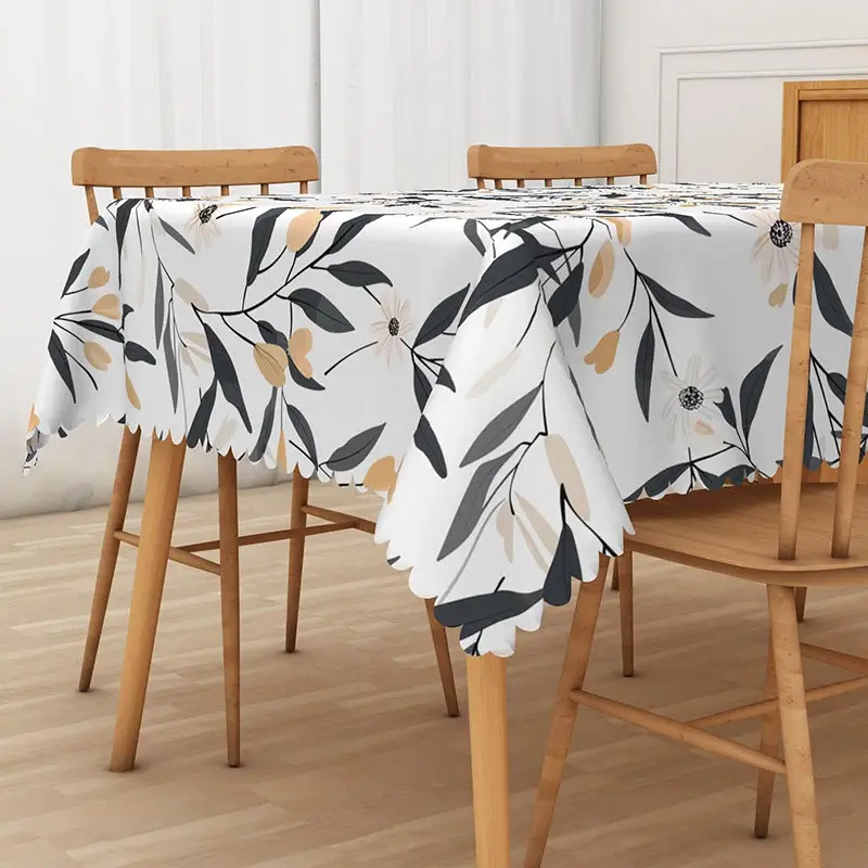 Aperturee Modern Black and White Floral Tablecloth, Elegant Botanical Leaf Print for Contemporary Dining Decor, 52x70in (WxH)