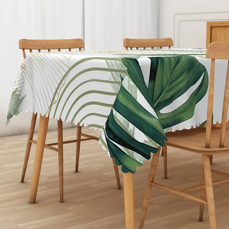 Aperturee Modern Green Leaf Tablecloth on White, for Minimalist Botanical and Scandinavian Style Kitchen Decor, 52x70in (WxH)