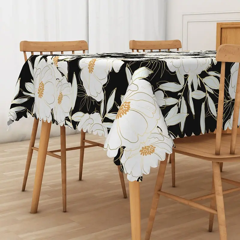 Aperturee Elegant Black and White Floral Tablecloth, for Modern, Minimalist, or Formal Dining Table Decor, 52x70in (WxH)