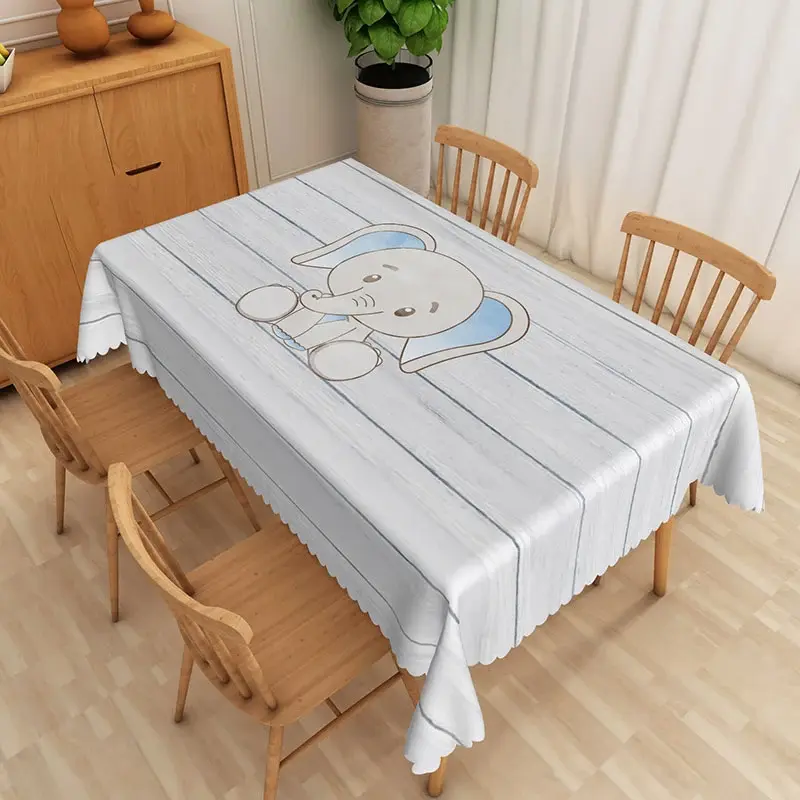 Aperturee Light Gray Striped Rectangle Tablecloth with Elephant Pattern, for Safari Nursery or Baby Shower Decor, 52x70in (WxH)