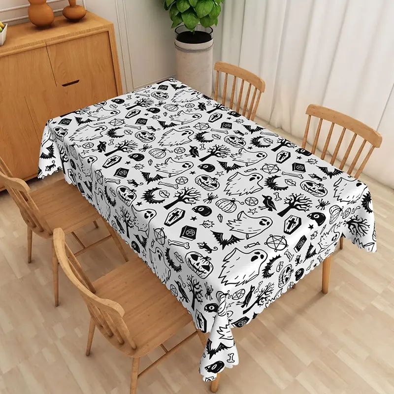 Aperturee Black and White Halloween Rectangle Tablecloth with Ghosts and Bats, for Modern Spooky Gothic Decor, 52x70in (WxH)