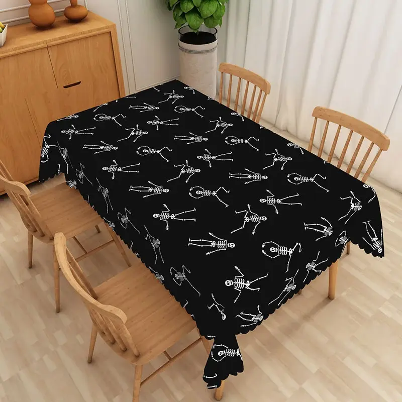 Aperturee Black and White Dancing Skeleton Rectangle Tablecloth, for Funny and Spooky Halloween Party Decor, 52x70in (WxH)
