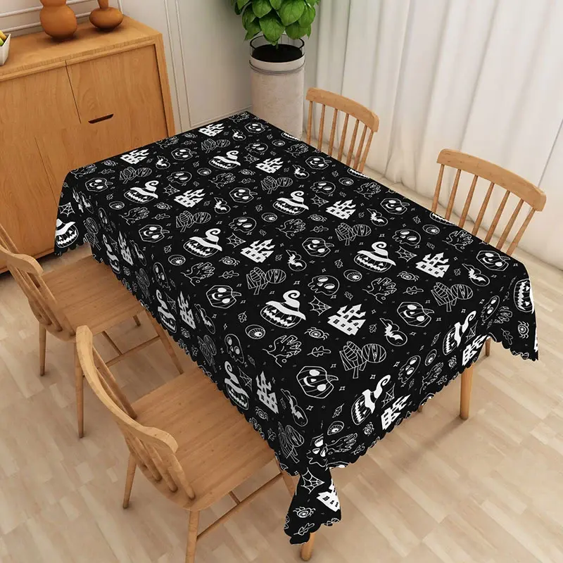 Aperturee Spooky Halloween Rectangle Tablecloth with Skulls and Jack O' Lanterns, for Haunted House Party Dining Decor, 52x70in (WxH)
