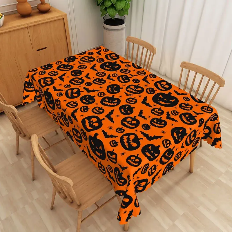 Aperturee Orange Halloween Rectangle Tablecloth with Jack O' Lantern Print, for Fall Harvest and Spooky Party Decor, 52x70in (WxH)