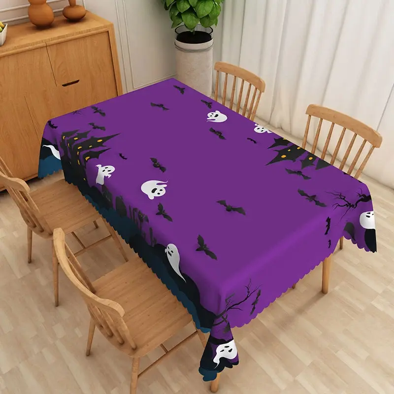 Aperturee Purple Halloween Rectangle Tablecloth with Black Bats and Ghosts, for Spooky Night Party Decorations, 52x70in (WxH)