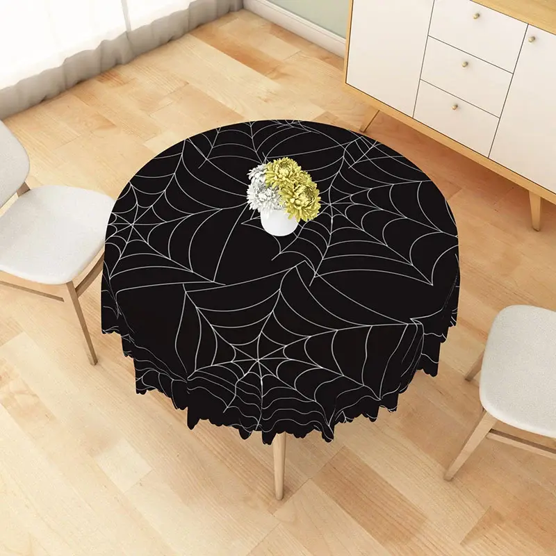 Aperturee Black Halloween Round Tablecloth with Spider Web Pattern, for Gothic and Spooky Party Decorations, Diameter 48inch