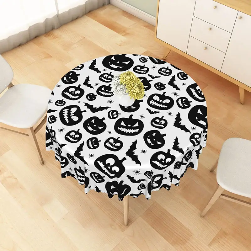 Aperturee White Halloween Round Tablecloth with Jack-o'-Lanterns, Bats, and Spiders, for Spooky Party Decor, Diameter 48inch