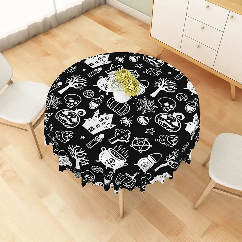 Aperturee Black Halloween Round Tablecloth with Jack-o'-Lanterns, Skeletons, and Spiders, for Spooky Decor, Diameter 48inch