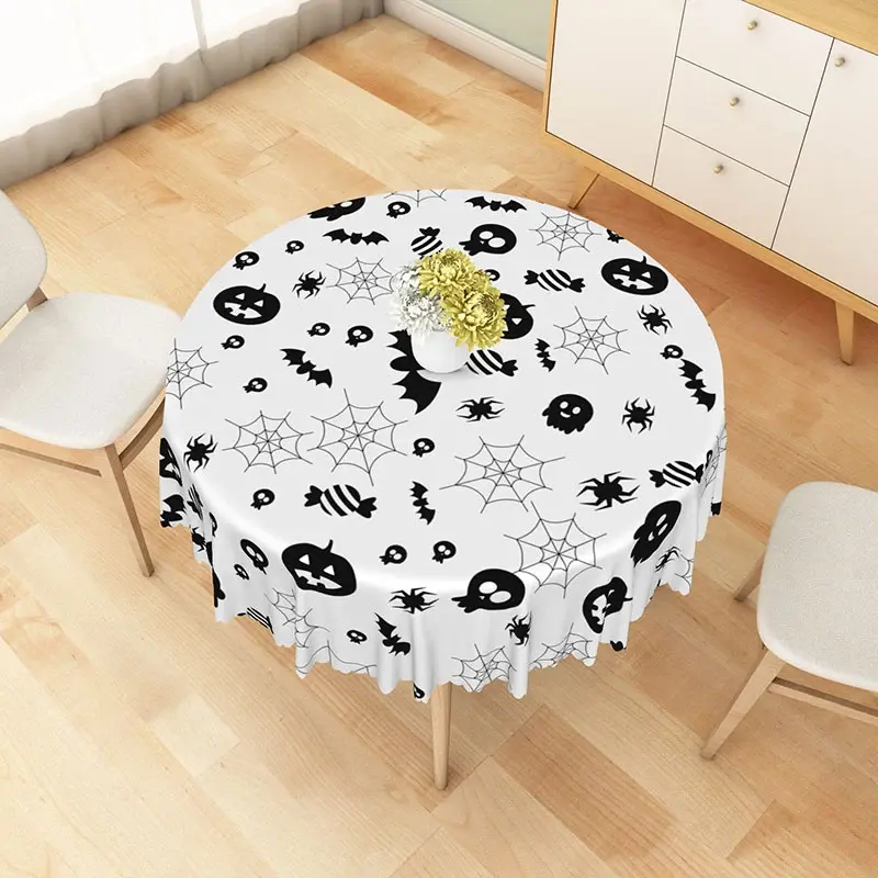 Aperturee White Halloween Round Tablecloth with Jack-o'-Lanterns and Spiderwebs, for Spooky Party Decor, Diameter 48inch