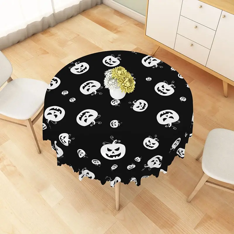 Aperturee Black and White Jack-o'-Lantern Halloween Round Tablecloth, for Modern and Spooky Gothic Decor, Diameter 48inch