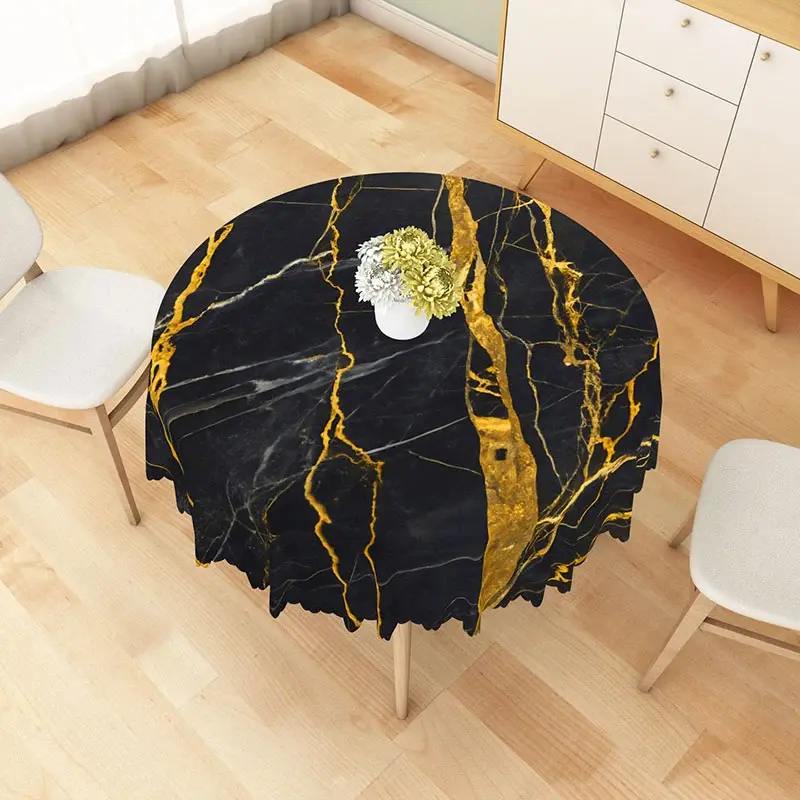 Aperturee Modern Black and Gold Marble Round Tablecloth, for Luxury and Elegant Formal Dining Table Decor, Diameter 48inch