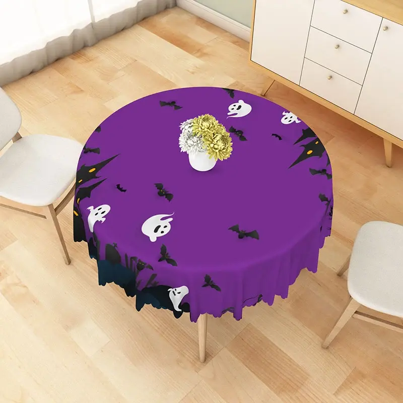 Aperturee Purple Halloween Round Tablecloth with Phantom Bat Pattern, for Spooky and Gothic Party Decorations, Diameter 48inch