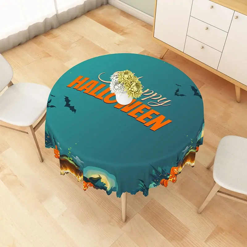 Aperturee Green Halloween Round Tablecloth with Bats, Ghosts, and Witch Hats, for Fun and Spooky Party Decor, Diameter 48inch