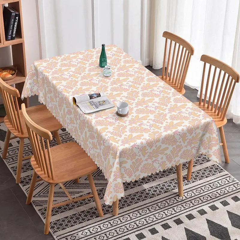Aperturee Peach Leaf Vine Rectangle Tablecloth, Delicate Botanical Pattern, Spring Summer Cottagecore Dining Decor, Nature Theme Background
